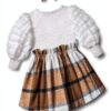 Baby Girl Puff Sleeve Plaid Dress Rib Knit Soft Comfortable-4