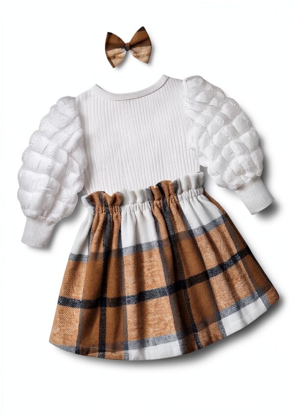 Baby Girl Puff Sleeve Plaid Dress Rib Knit Soft Comfortable-4