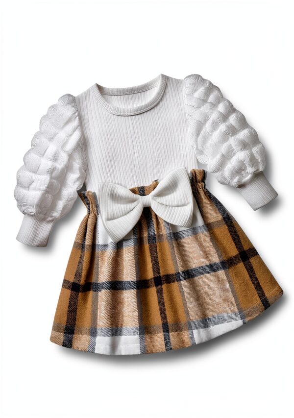 Baby Girl Puff Sleeve Plaid Dress Rib Knit Soft Comfortable-3