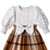 Baby Girl Puff Sleeve Plaid Dress Rib Knit Soft Comfortable-0