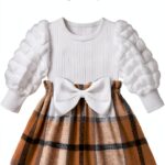 Baby Girl Puff Sleeve Plaid Dress Rib Knit Soft Comfortable-0