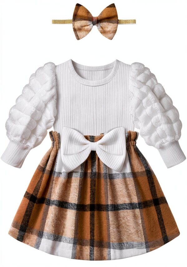 Baby Girl Puff Sleeve Plaid Dress Rib Knit Soft Comfortable-0