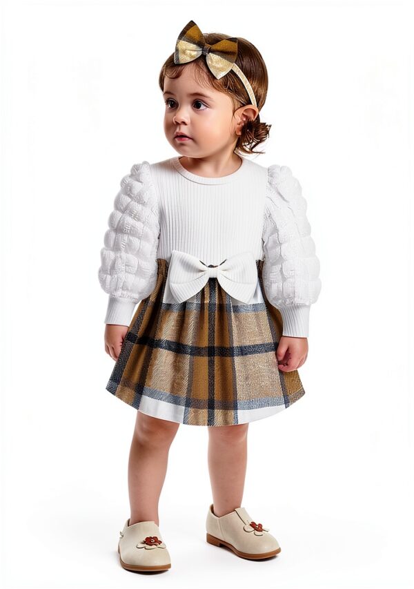 Baby Girl Puff Sleeve Plaid Dress Rib Knit Soft Comfortable-2