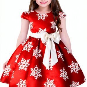 Snowflake Print Girls Dress Cotton Polyester Party Outfit-0