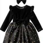 Velvet Tutu Dress Baby Girls Long Sleeve Ruffle Bow Headband-0