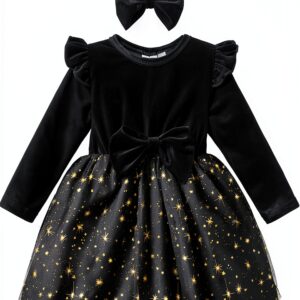 Velvet Tutu Dress Baby Girls Long Sleeve Ruffle Bow Headband-0