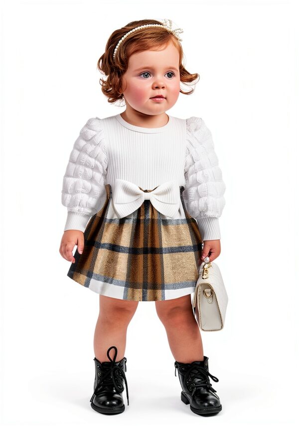 Baby Girl Puff Sleeve Plaid Dress Rib Knit Soft Comfortable-1