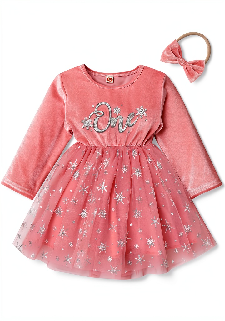 Baby girl wearing velvet snowflake first birthday dress during winter photo session